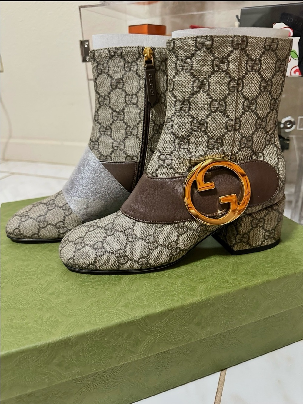 Gucci Beige GG Canvas Ankle Boots with Brown Leather and Gold GG Medallion